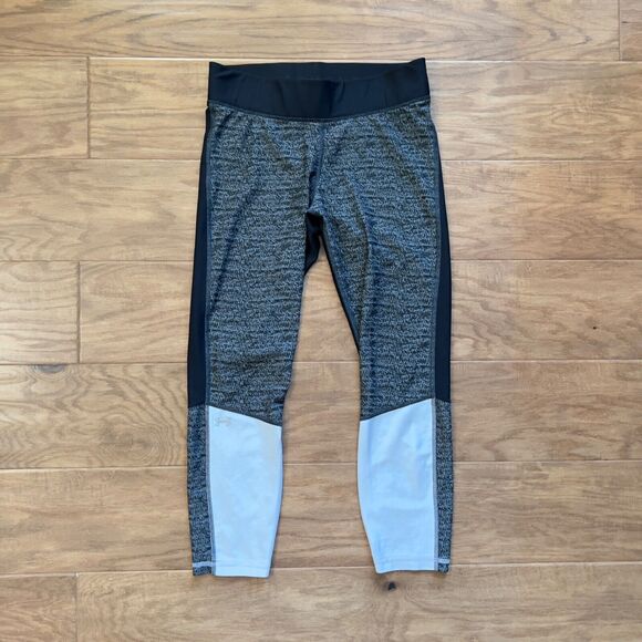 Under Armour Legging L Black Gray UA HeatGear Jacquard Ankle Crop Compression - Picture 1 of 10